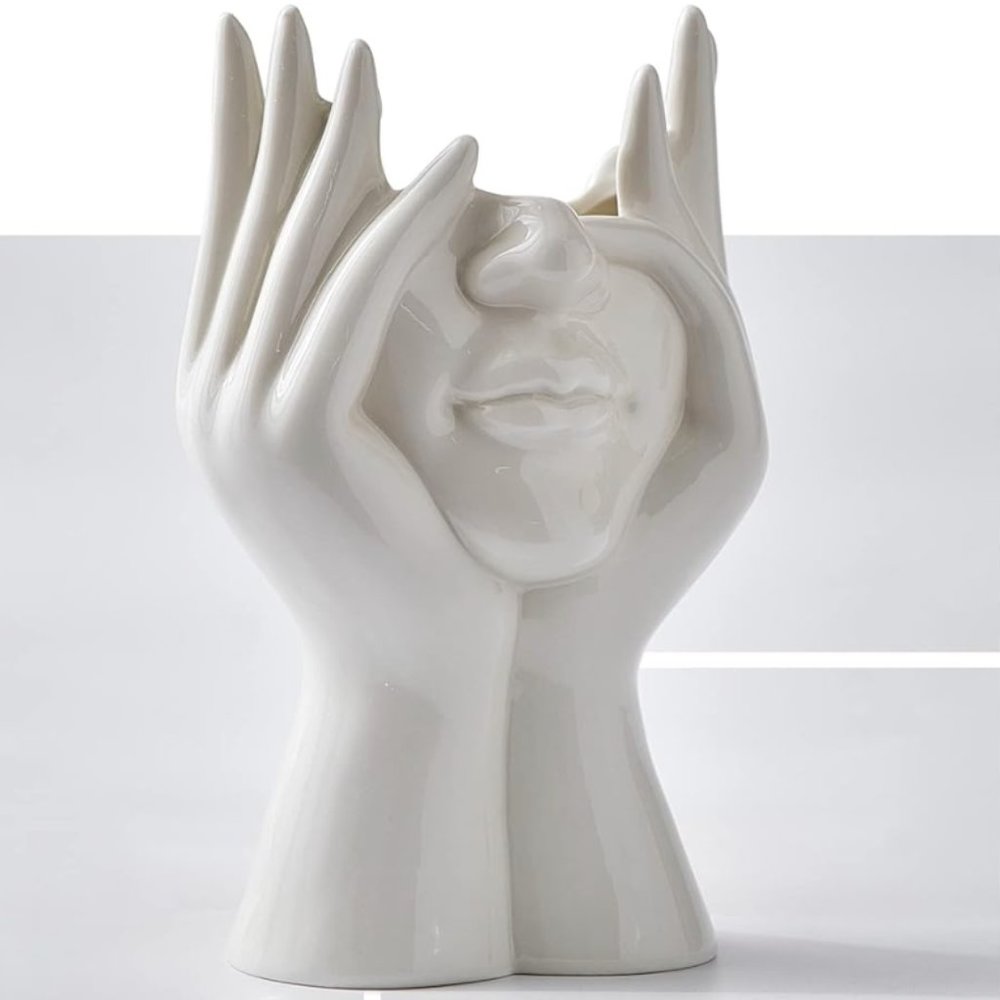 New Anthropologie Boho White Ceramic Female Face Abstract Flower Vase